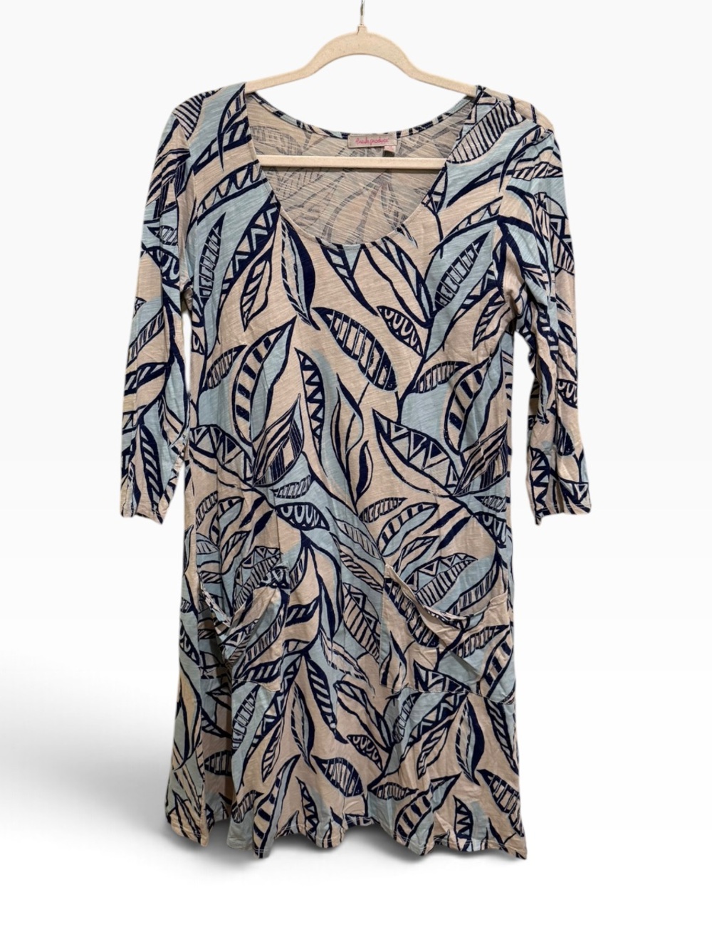 Fresh Produce Tan Blue Leaf Print Jersey Dress 3/4 Sleeve V Neck Size M